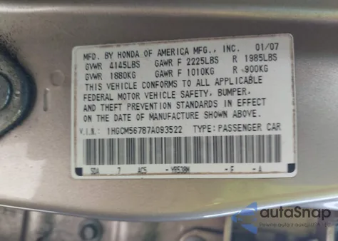 2007 Honda Accord 2.4 Ex z USA, uszkodzony, nr VIN 1HGCM56787A093522